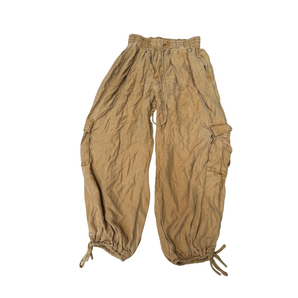 Free People Camel Brown Cargo Jogger Pants Elastic Waist Tie Hem Small